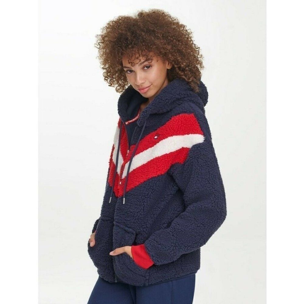 Tommy Hilfiger Jacket Blue‎ Y2K Teddy Sherpa Colorblock Chevron Hooded Large